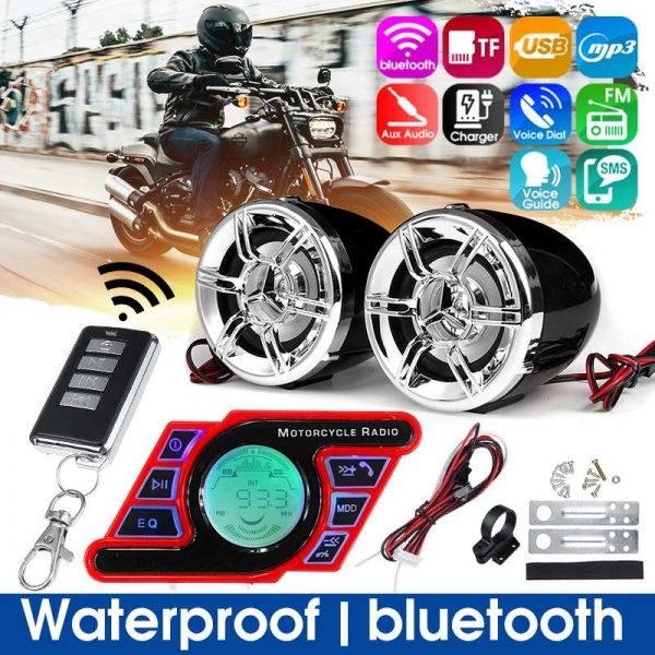 Motorcycle Studio bluetooth Audio Sound System Stereo Speaker voice Dial FM Radio MP3 Music Player Scooter Remote Control Alarm